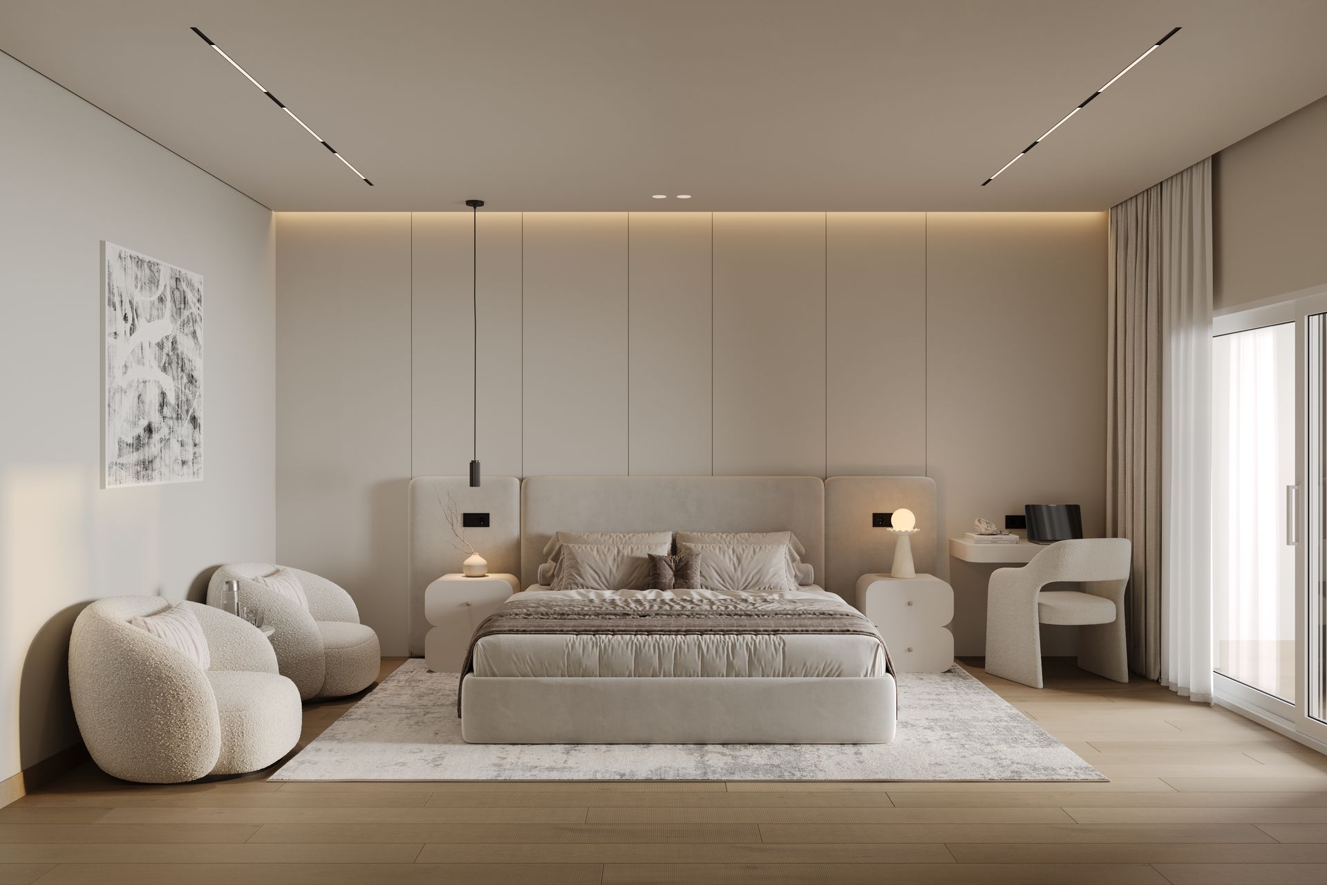 Minimalist bedroom with boucle chairs